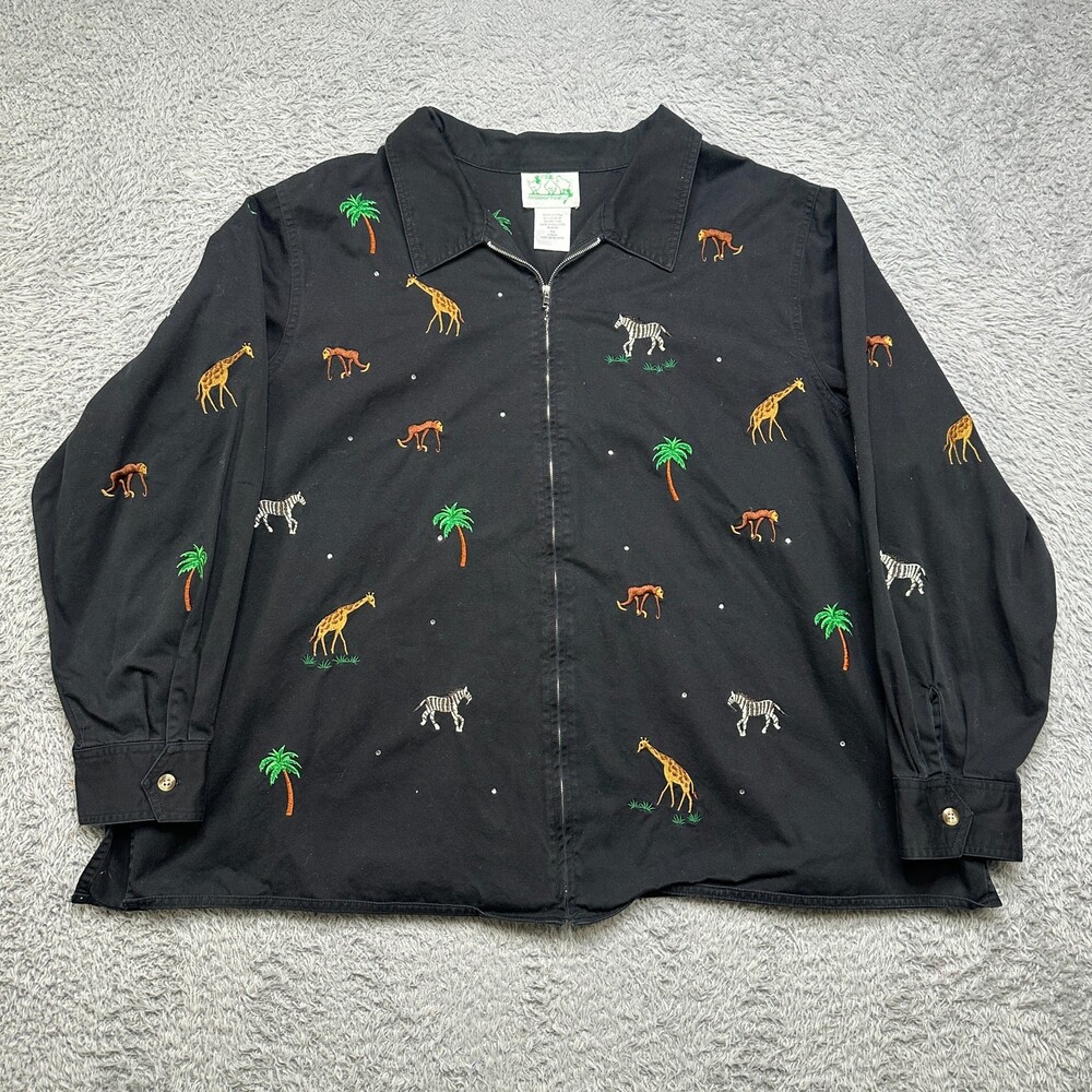 Quaker Factory Embroidered Jacket Womens 3X Zebras Giraffes Monkeys Animals Zip